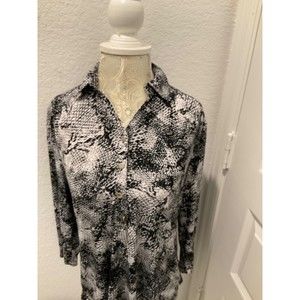 Dana Buchman M Black and White Print Silver Toned Links at V Neck Blouse 3/4 Slv